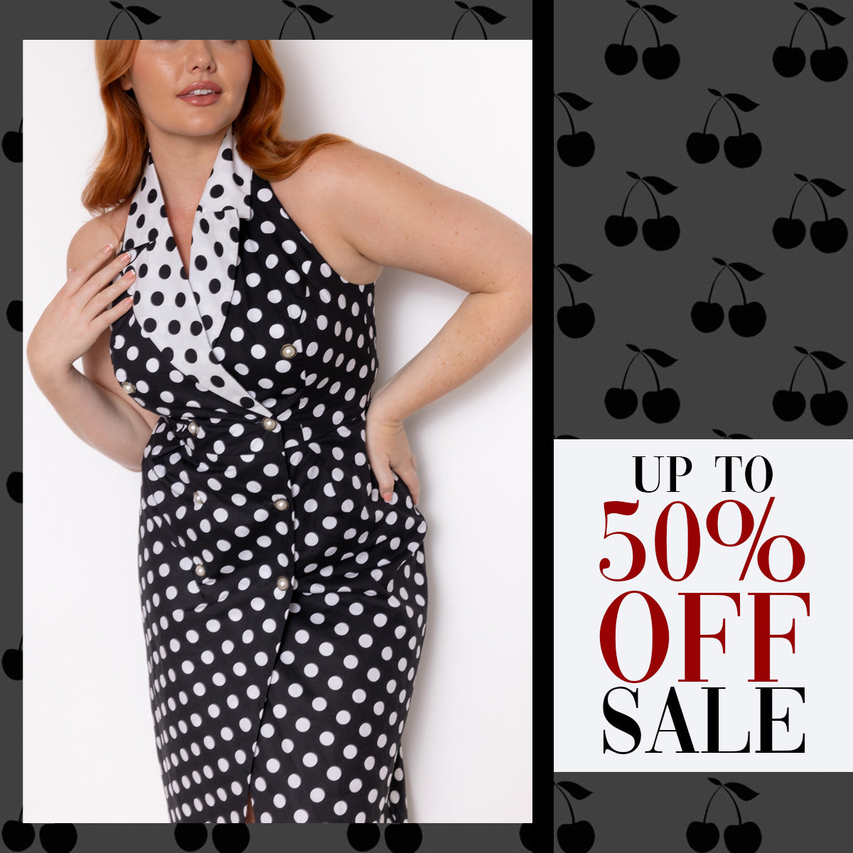 Woman wearing a black and white polka dot dress with a sale promotion on a gray background with cherry pattern.