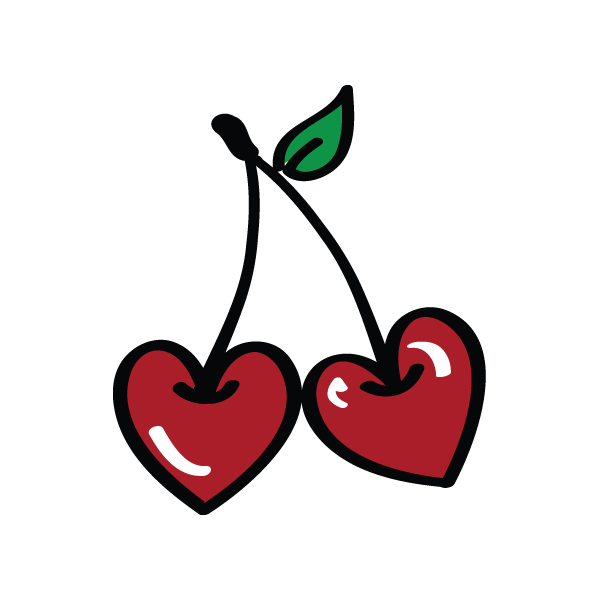 Illustration of two red love heart cherries with a green leaf on a white background