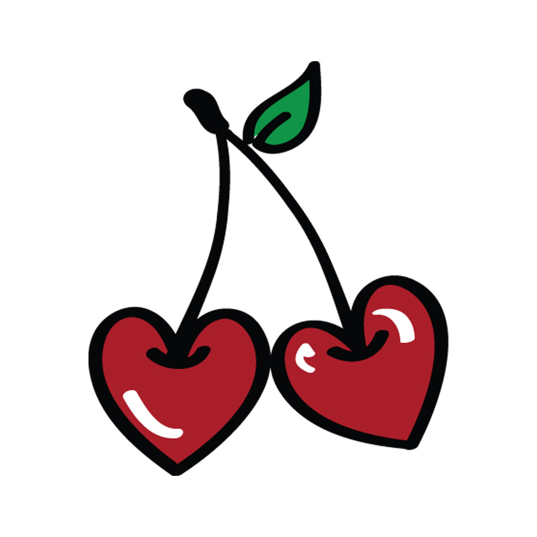 Illustration of two red cherries with a green leaf on a white background. The symbol of size-inclusive brand, Cherry Bobbins