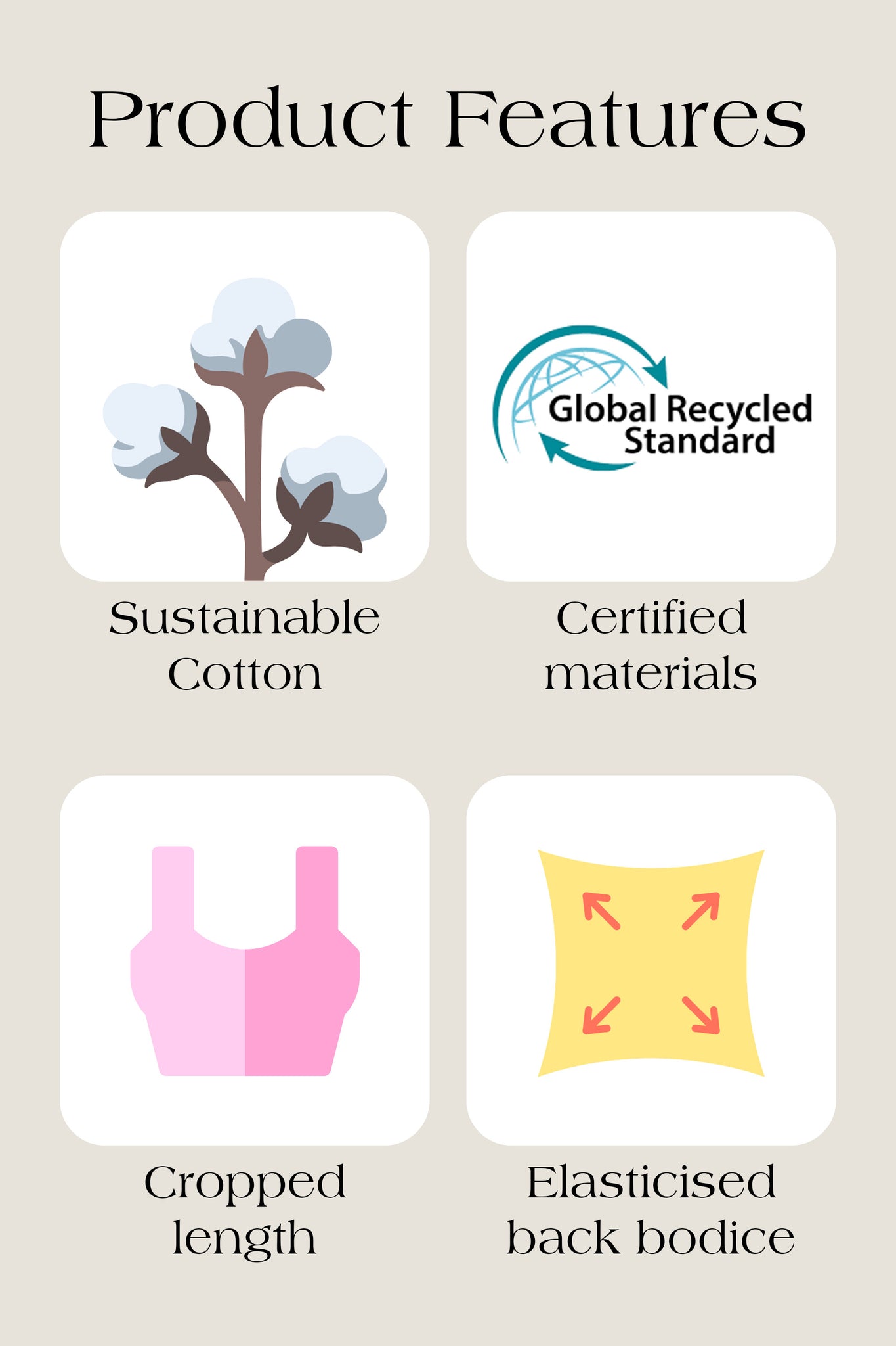 Product features including sustainable cotton, certified materials, cropped length, and elasticized back bodice on a beige background.