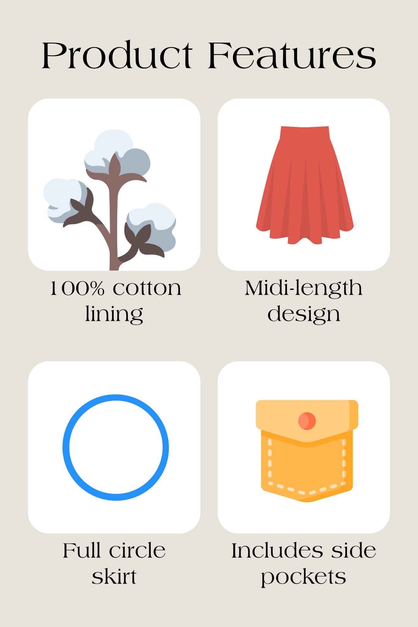 Product features of a tulle skirt including 100% cotton lining, mid-length design, full circle skirt, and side pockets on a beige background.