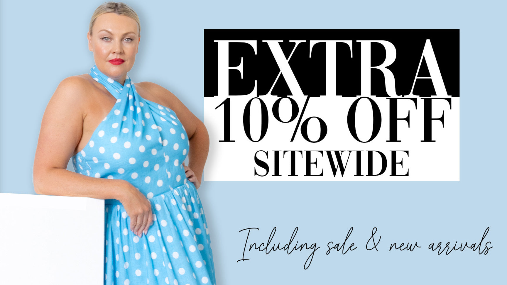 Woman wearing a blue polka dot dress with promotional text overlay on a light blue background