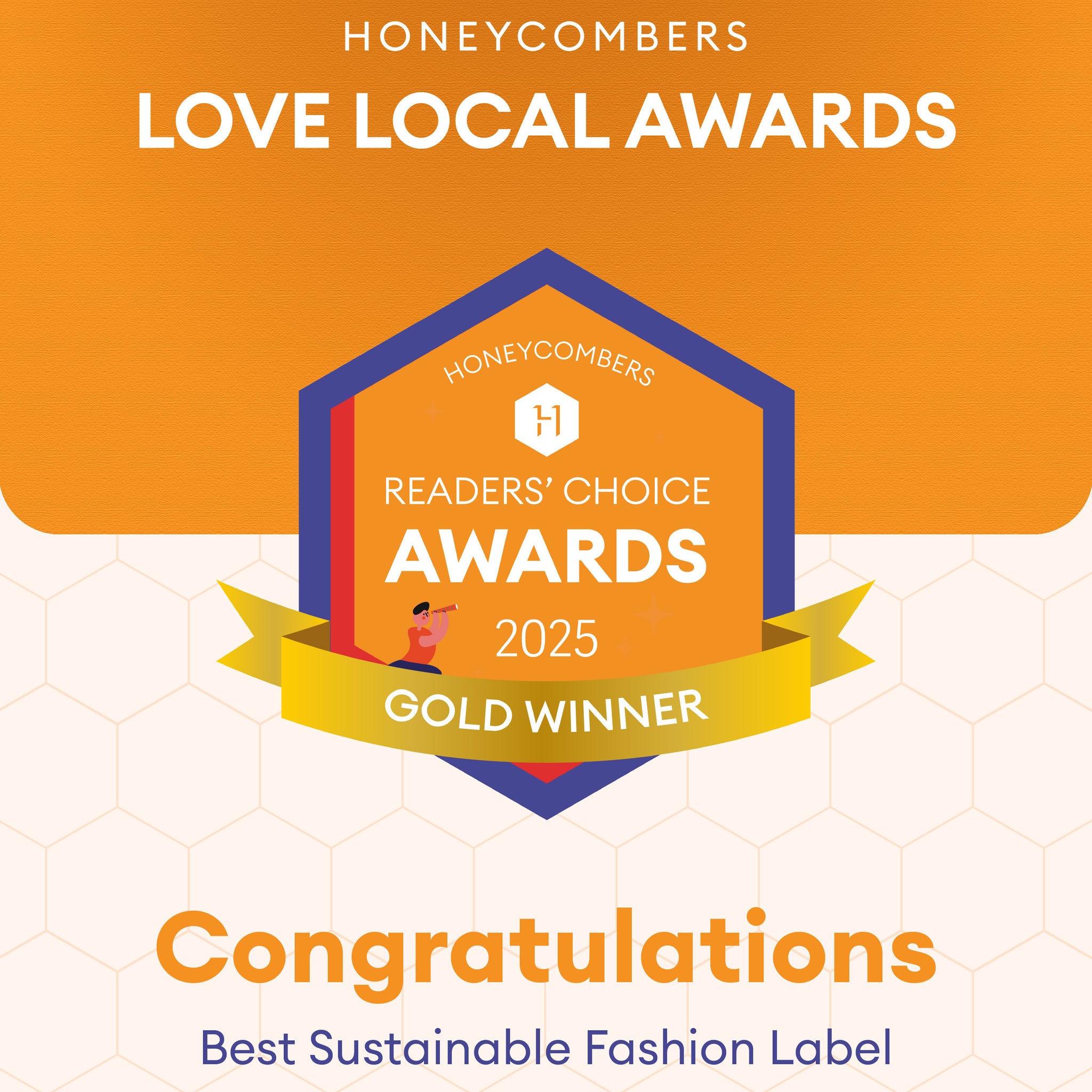 Cherry Bobbins awarded Honeycombers Readers' Choice Awards 2025 Gold Winner badge for Best Sustainable Fashion Label 