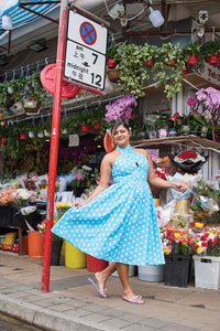 Cherry Bobbins Size Inclusive Natural Linen Polka Dot Printed Midi Halter Neck Dress Front View