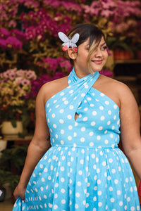 Cherry Bobbins Size Inclusive Natural Linen Polka Dot Printed Midi Halter Neck Dress Front 