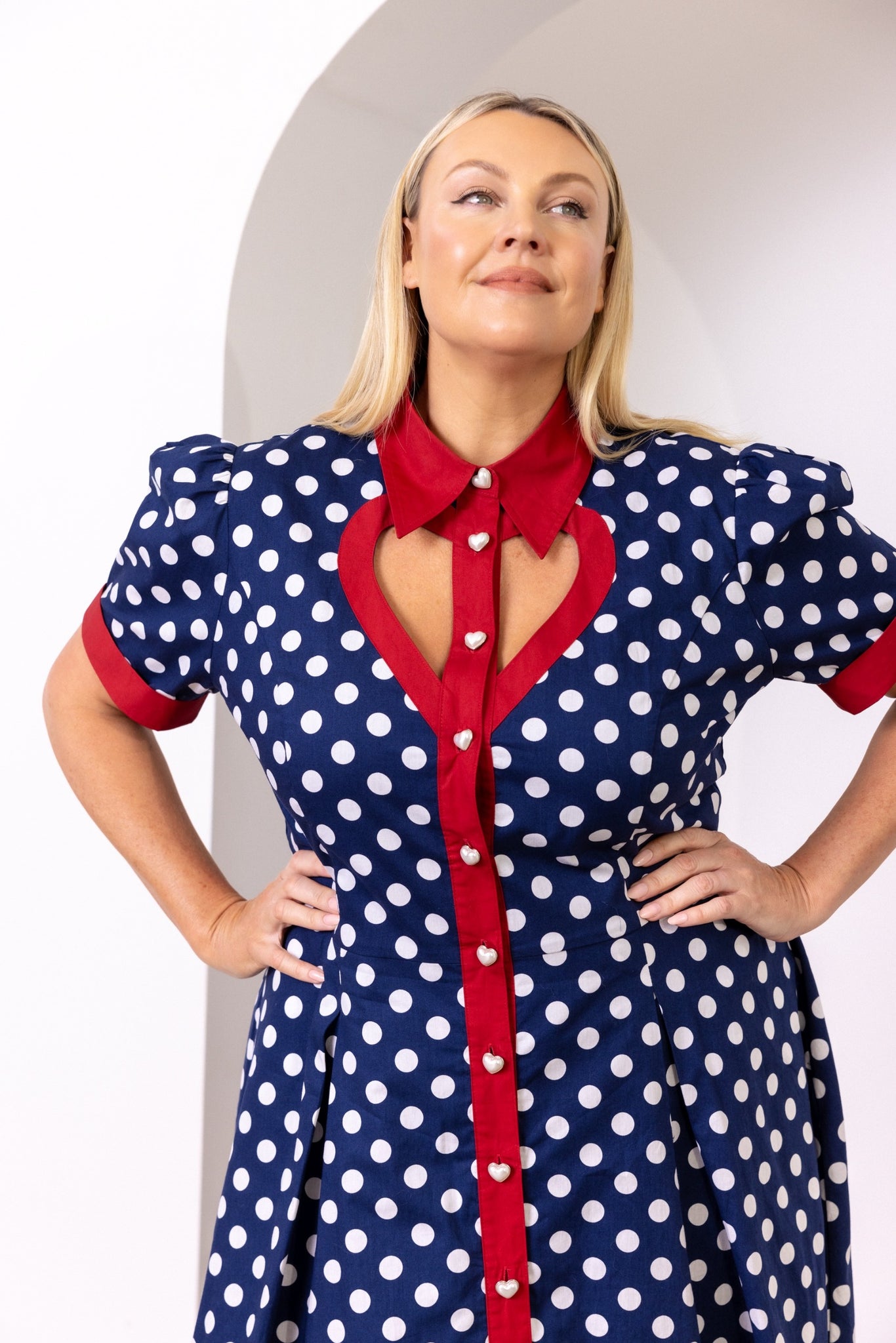 Cherry Bobbins Size Inclusive Navy Red Polka Dot Cotton Heart Knee Length Dress