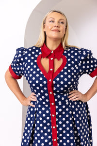 navy and red polka dot dress Vintage 40s Navy and Red Polka Dot Dress The Curatorial Dept
