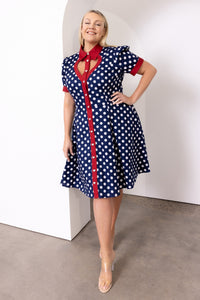 Cherry Bobbins Size Inclusive Navy Red Polka Dot Cotton Heart Knee Length Dress Front