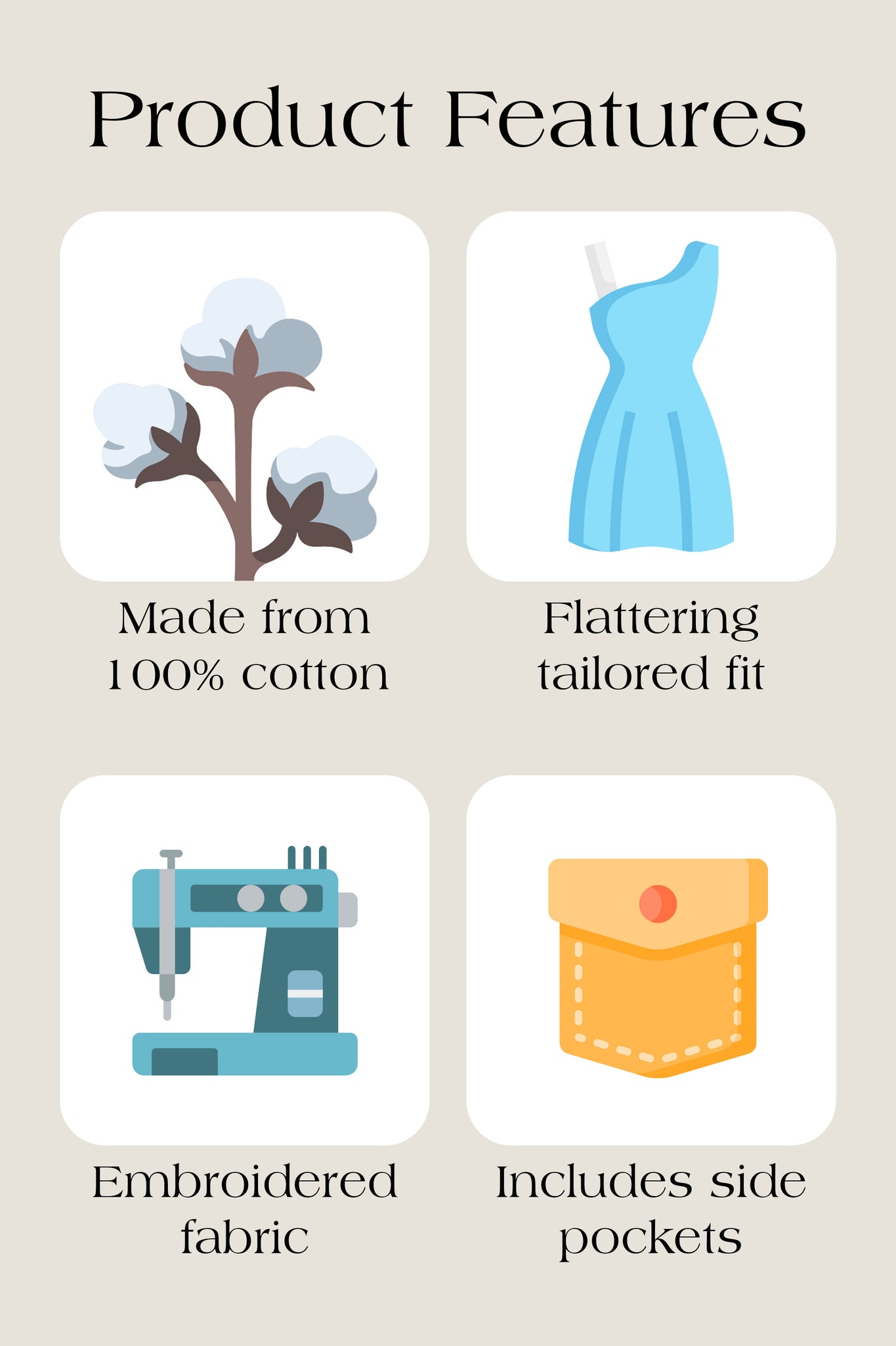 Product features of a Cherry Bobbins garment including material, fit, and additional details on a beige background.