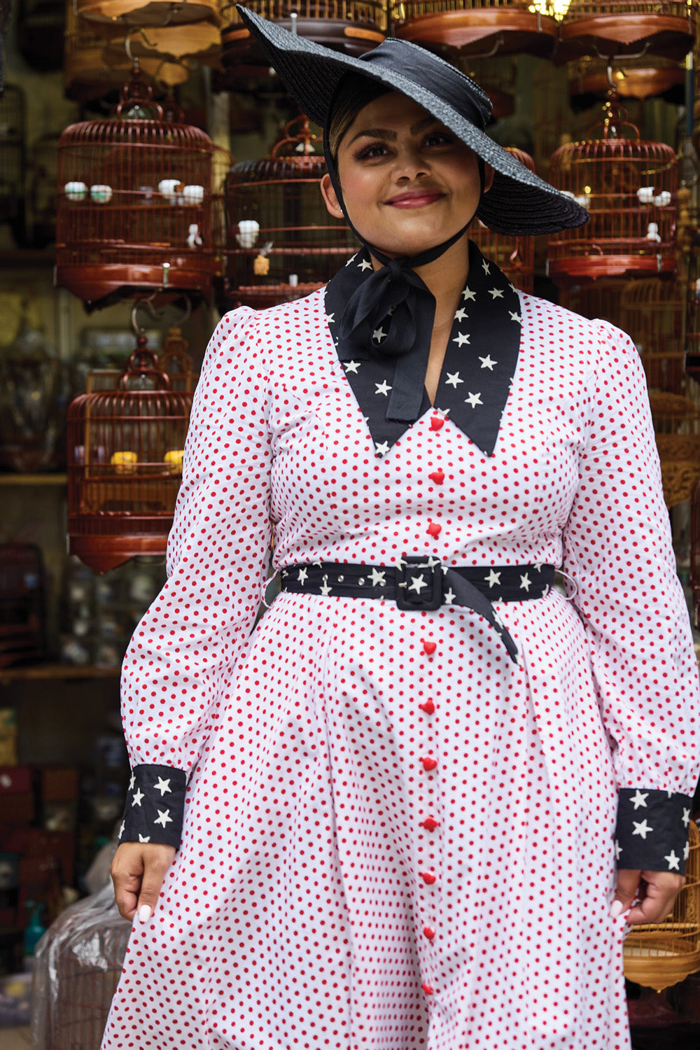 Cherry Bobbins Size Inclusive Sustainable Cotton Black Stars Red Polka Dot Tailored Midi Dress with Sleeves