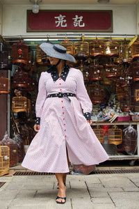 Cherry Bobbins Size Inclusive Sustainable Cotton Black Stars Red Polka Dot Tailored Midi Dress with Sleeves Front