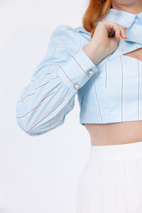 Cherry Bobbins Size Inclusive Sustainable Cotton Blue Stripe Printed Crop Shirt Top Details Buttons