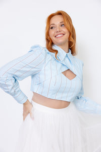 Cherry Bobbins Size Inclusive Sustainable Cotton Blue Stripe Printed Crop Shirt Top Front