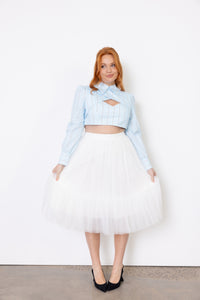 Cherry Bobbins Size Inclusive Sustainable Cotton Blue Stripe Printed Crop Shirt Top with White Tulle Skirt