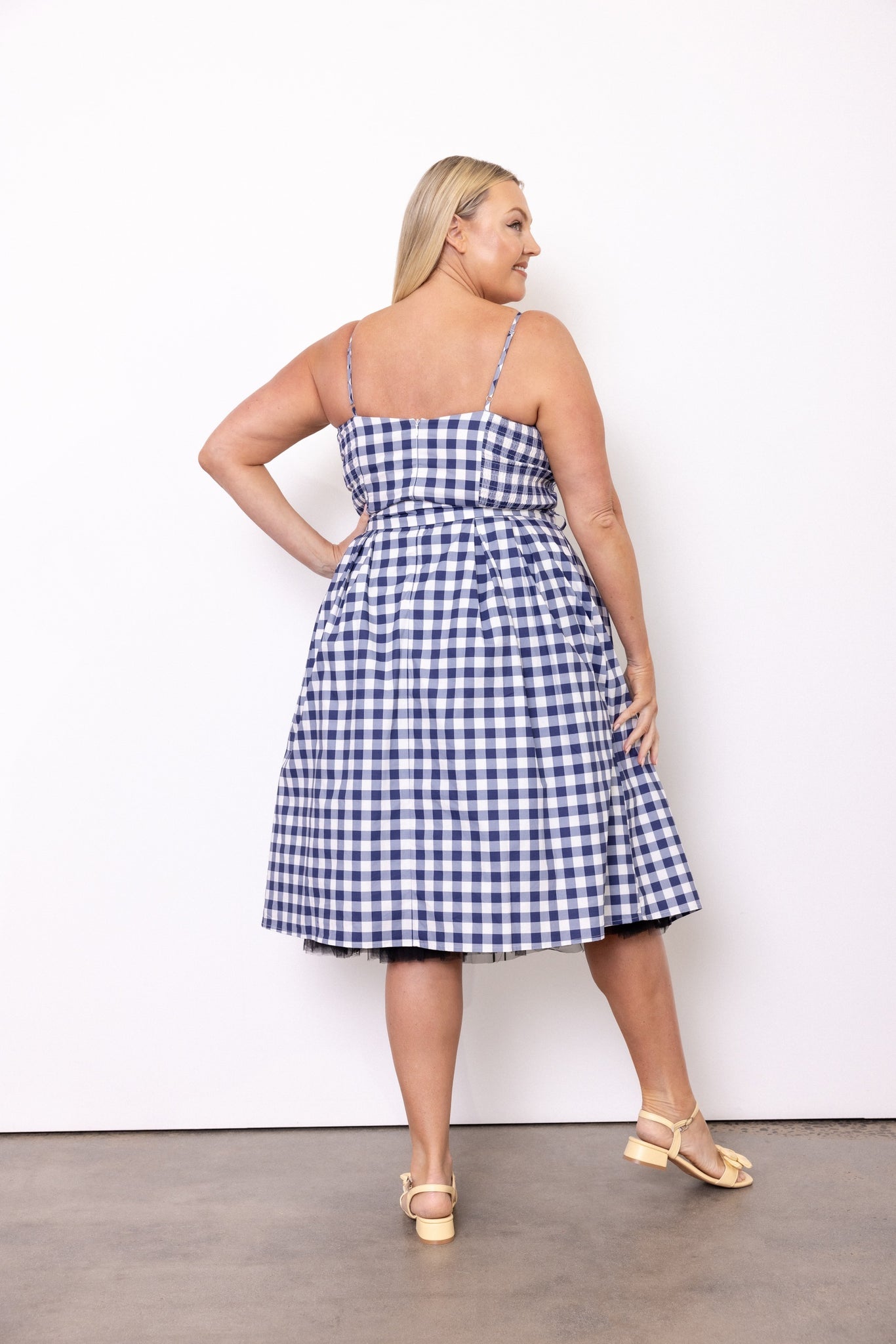 Cherry Bobbins Size Inclusive Sustainable Cotton Navy Check Printed Picnic Midi Dress Back View