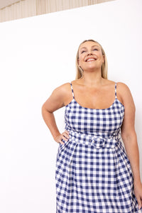 Cherry Bobbins Size Inclusive Sustainable Cotton Navy Check Printed Picnic Midi Dress Front