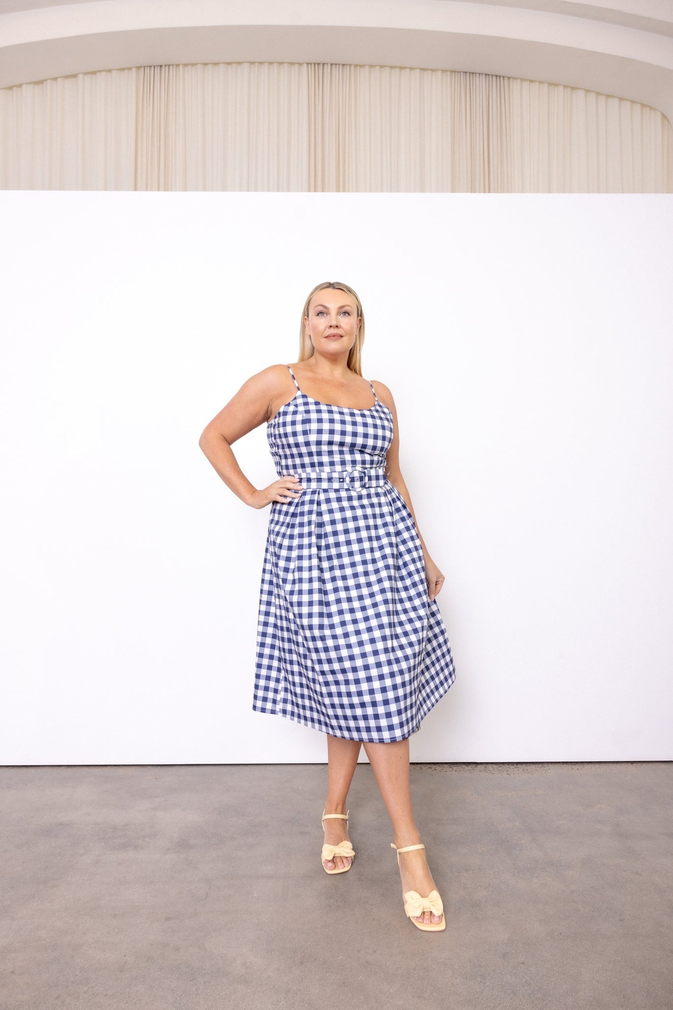 Cherry Bobbins Size Inclusive Sustainable Cotton Navy Check Printed Picnic Midi Dress Full View