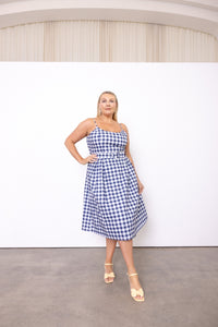Cherry Bobbins Size Inclusive Sustainable Cotton Navy Check Printed Picnic Midi Dress Full View