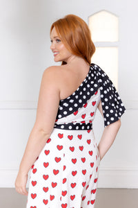 Cherry Bobbins Size Inclusive Sustainable Cotton Polka Dot Heart Printed One Shoulder Midi Dress Bow Back