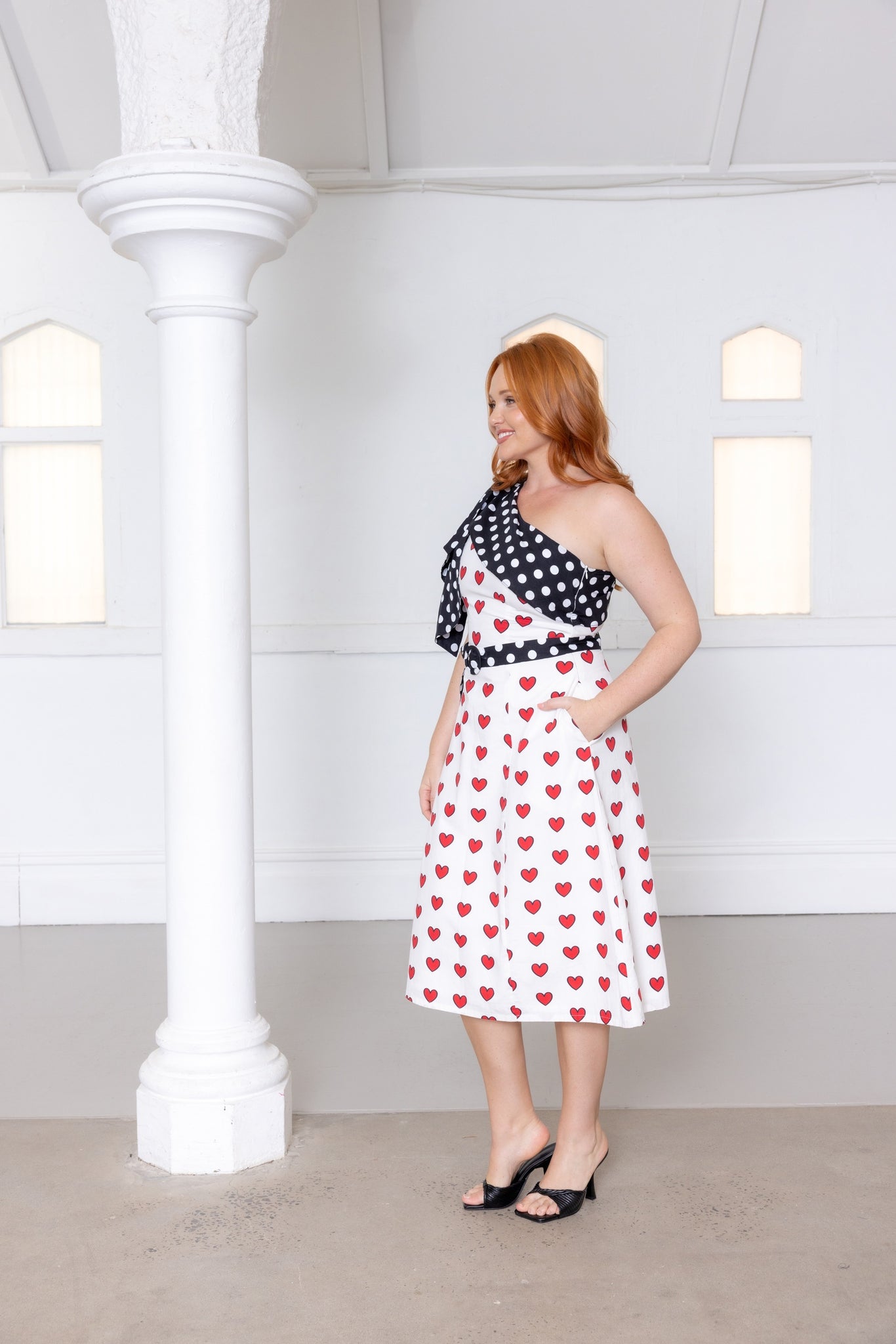 Cherry Bobbins Size Inclusive Sustainable Cotton Polka Dot Heart Printed One Shoulder Midi Dress Bow Side View