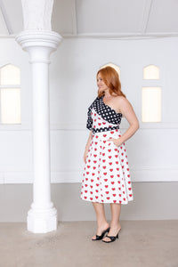 Cherry Bobbins Size Inclusive Sustainable Cotton Polka Dot Heart Printed One Shoulder Midi Dress Bow Side View