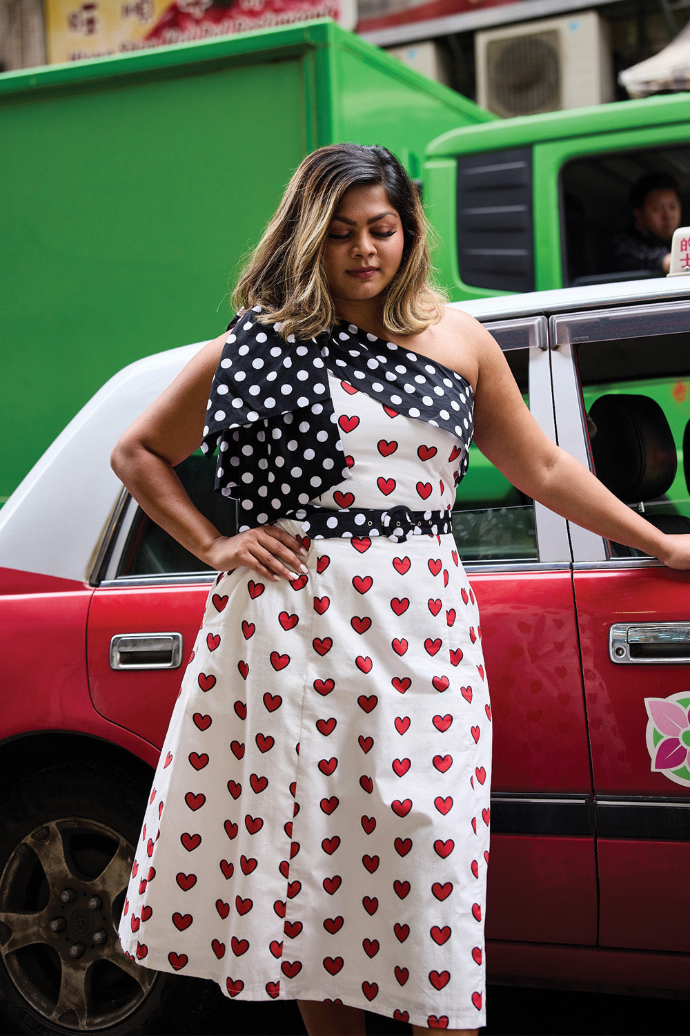Cherry Bobbins Size Inclusive Sustainable Cotton Polka Dot Heart Printed One Shoulder Midi Dress Full View