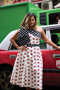 Cherry Bobbins Size Inclusive Sustainable Cotton Polka Dot Heart Printed One Shoulder Midi Dress Full View