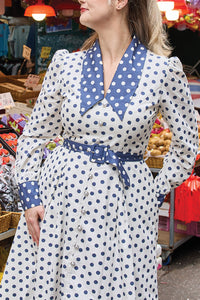 Cherry Bobbins Size Inclusive Sustainable Cotton White Navy Polka Dot Tailored Midi Dress with Sleeves