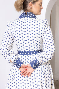 Cherry Bobbins Size Inclusive Sustainable Cotton White Navy Polka Dot Tailored Midi Dress with Sleeves Back