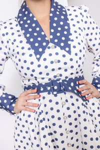 Cherry Bobbins Size Inclusive Sustainable Cotton White Navy Polka Dot Tailored Midi Dress with Sleeves Close Up