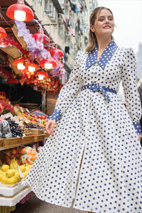 Cherry Bobbins Size Inclusive Sustainable Cotton White Navy Polka Dot Tailored Midi Dress with Sleeves Front