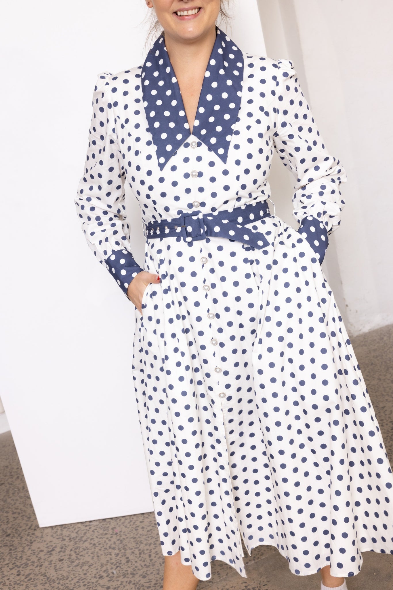 Cherry Bobbins Size Inclusive Sustainable Cotton White Navy Polka Dot Tailored Midi Dress with Sleeves Front View