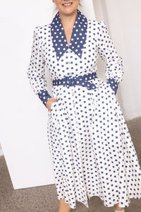 Cherry Bobbins Size Inclusive Sustainable Cotton White Navy Polka Dot Tailored Midi Dress with Sleeves Front View