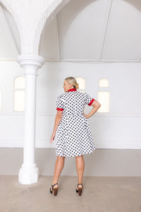 Cherry Bobbins Size Inclusive White Red Polka Dot Cotton Heart Knee Length Dress Back
