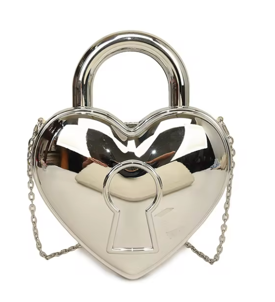 silver locket heart bag with shoulder chain