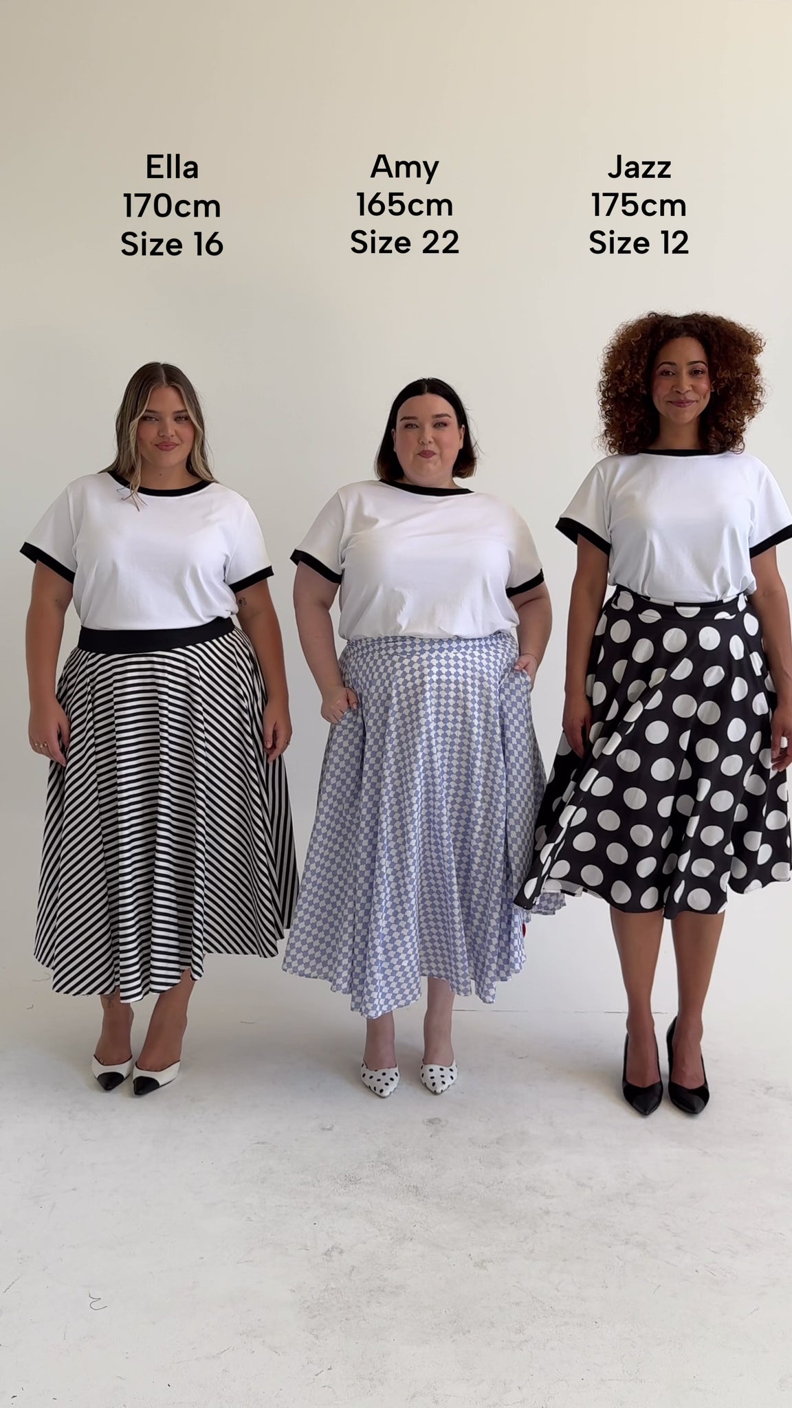 Size comparison of the Cherry Bobbins Essential Cotton Blend T-Shirt in sizes 12, 16 and 20. Made from cotton/spandex. 