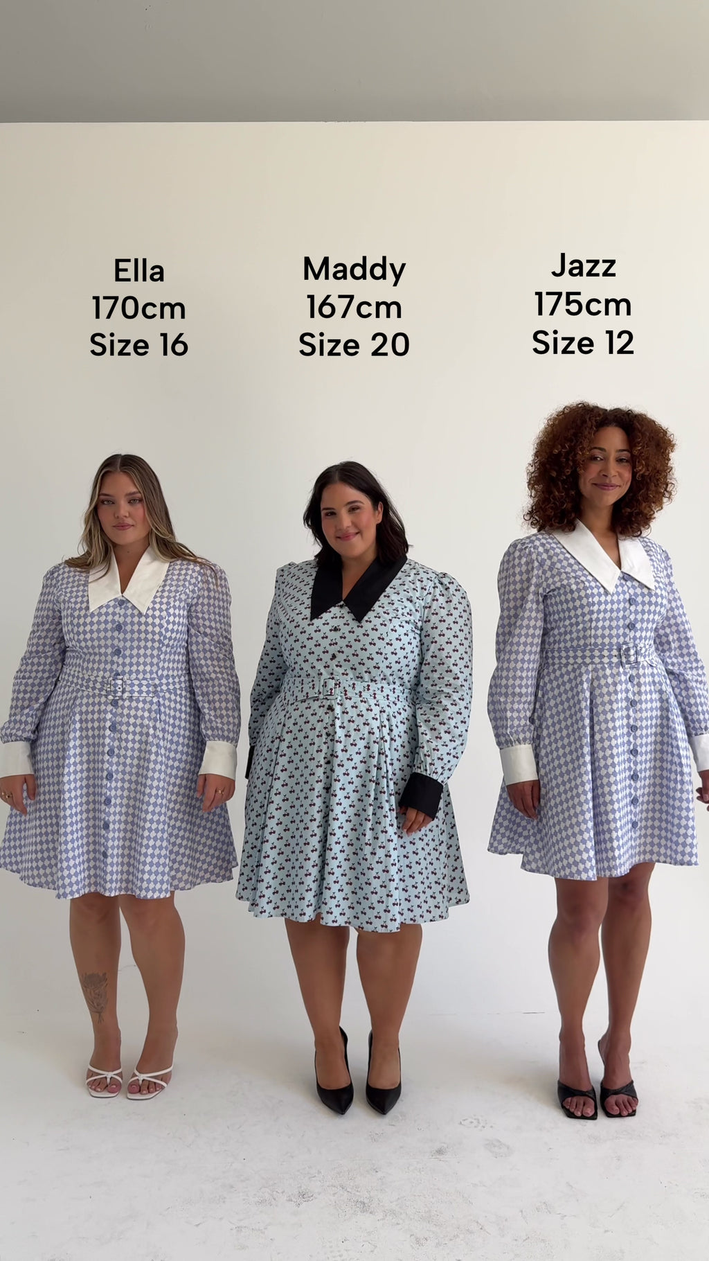 Size comparison of the Cherry Bobbins Wednesday Dresses in sizes 12, 16 and 20. Made from sustainable and natural cotton. 