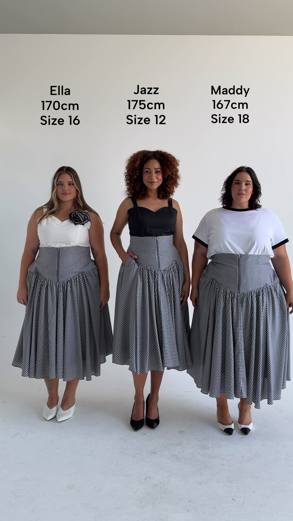 Size comparison of the Cherry Bobbins Carrie Skirt in sizes 12, 16 and 20. Made from tencel. 