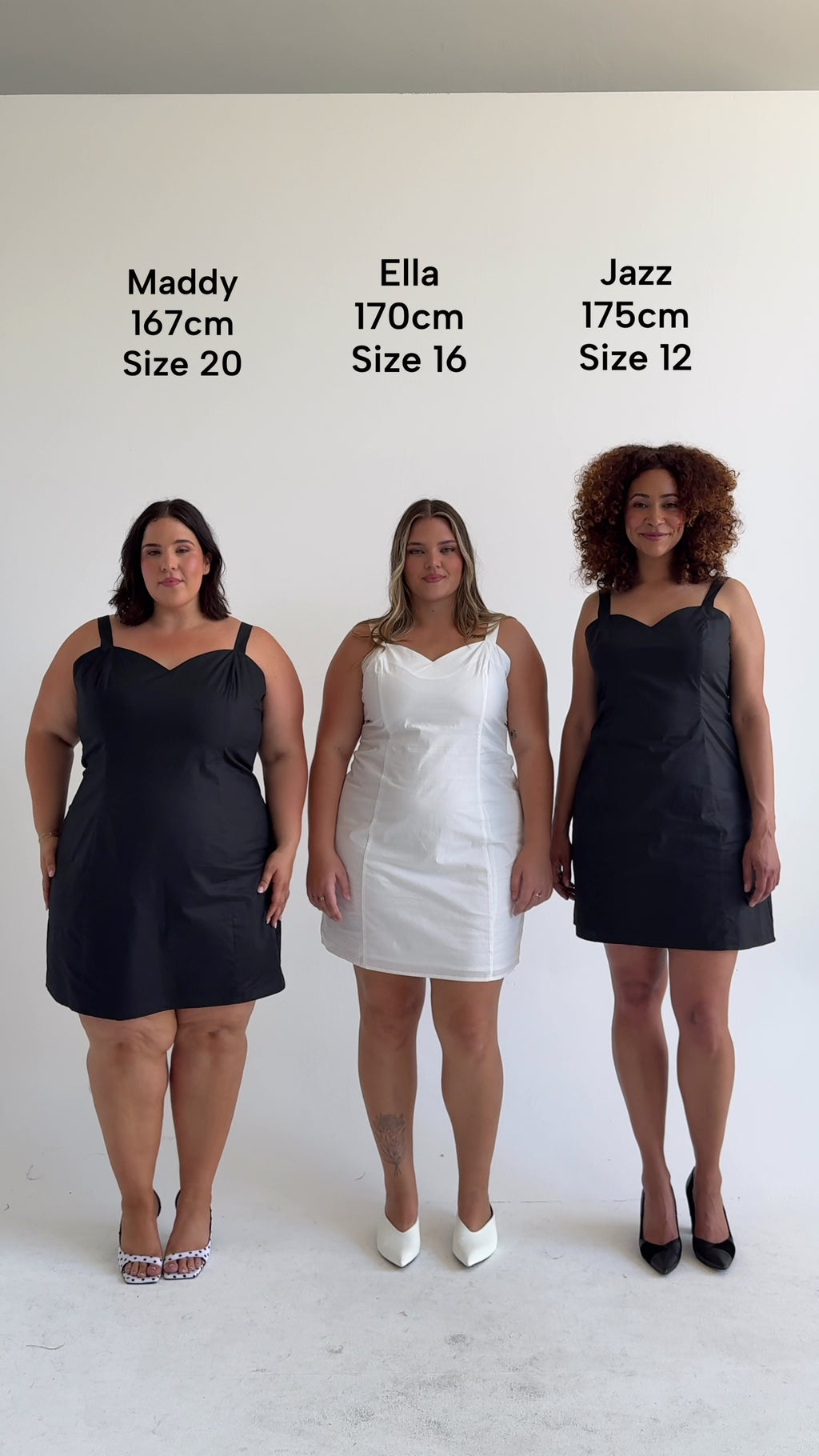 Size comparison of the Cherry Bobbins Slip Dresses in sizes 12, 16 and 20. Made from sustainable cotton. 