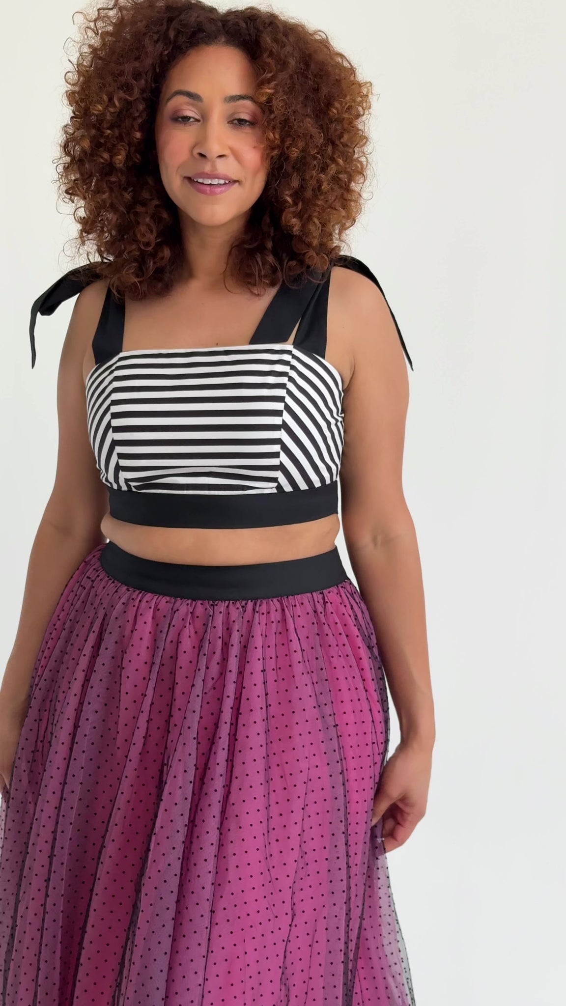 Style video of Cherry Bobbins Bridgitte Skirt and Striped Bardot Top. Made from sustainable cotton and tulle, shown on models in sizes 12, 16, 20 & 22.