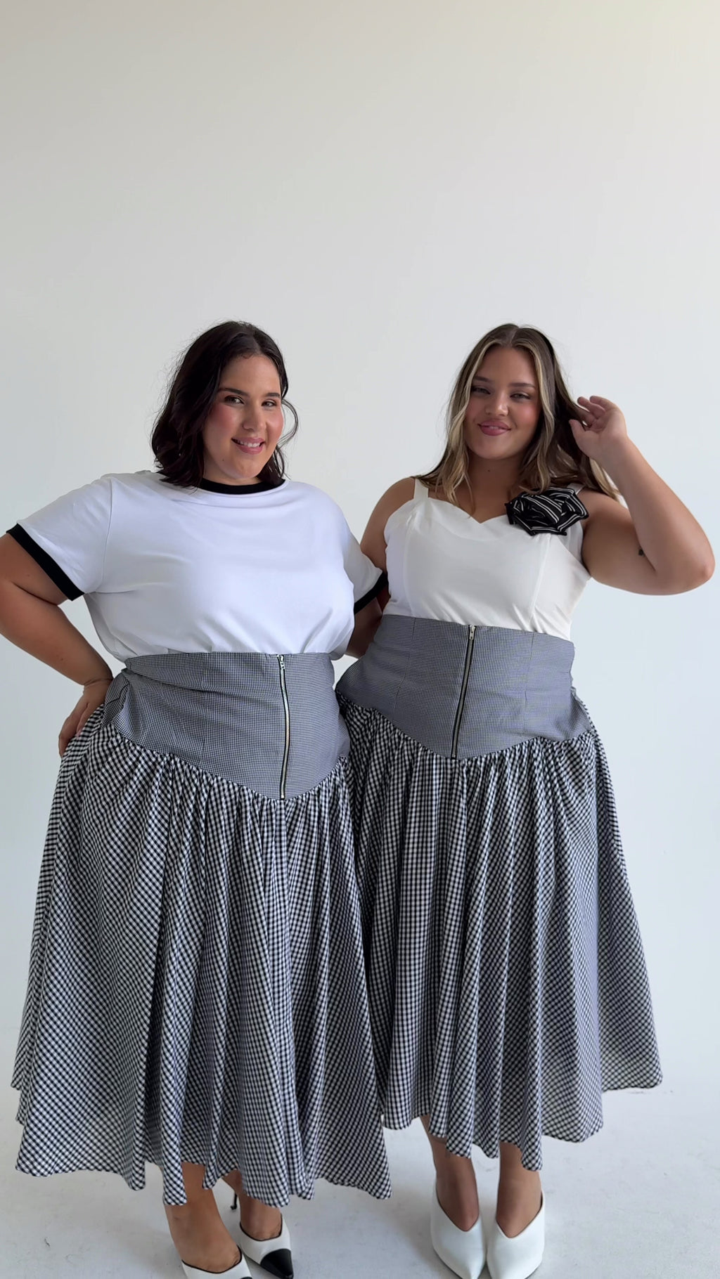 Style video of Cherry Bobbins Carrie Midi Skirt. Made from tencel, shown on models in sizes 12, 16 and 20.