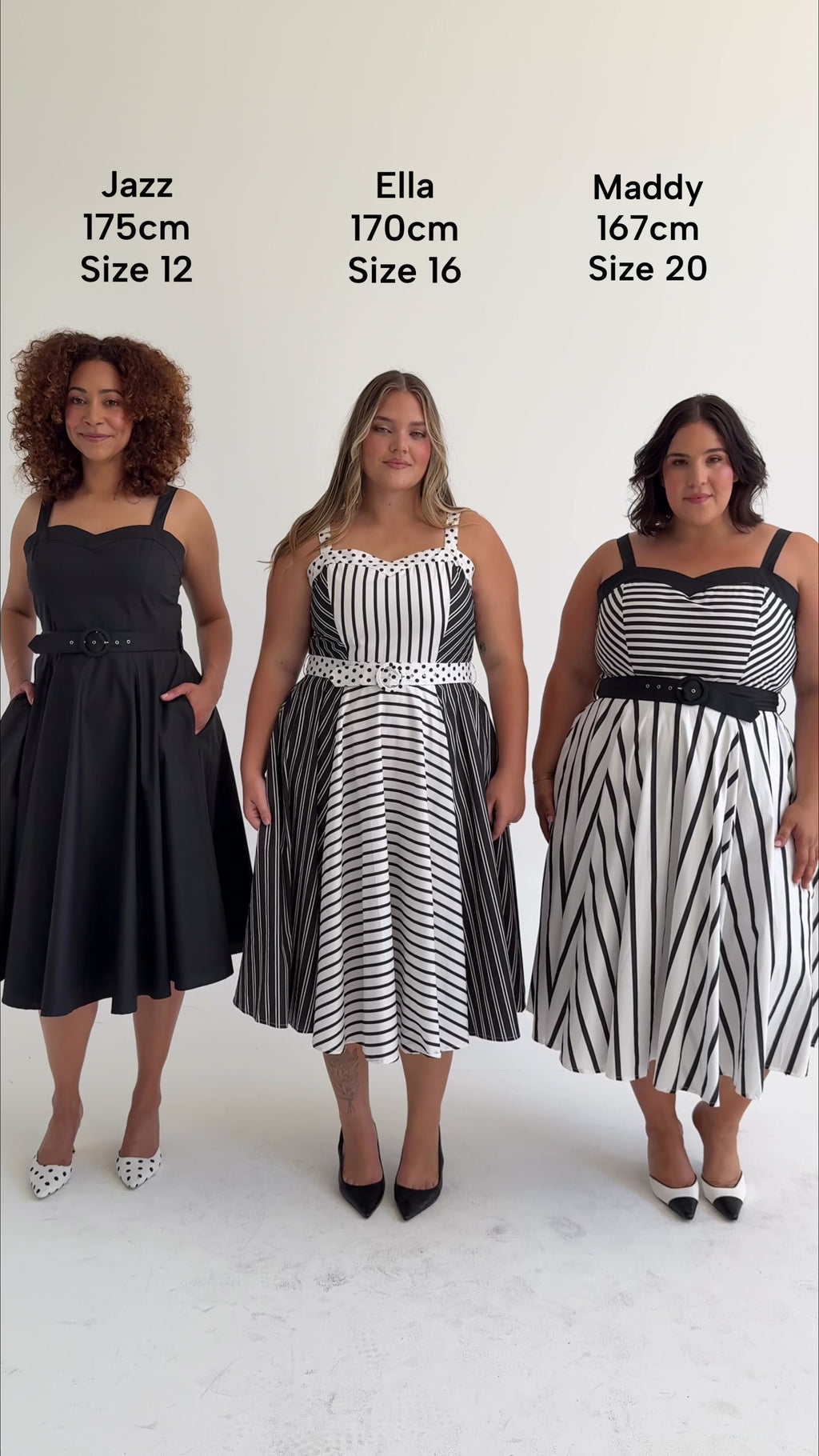 Size comparison of the Cherry Bobbins Rita Sweetheart Dresses in sizes 12, 16 and 20. Made from sustainable cotton. 