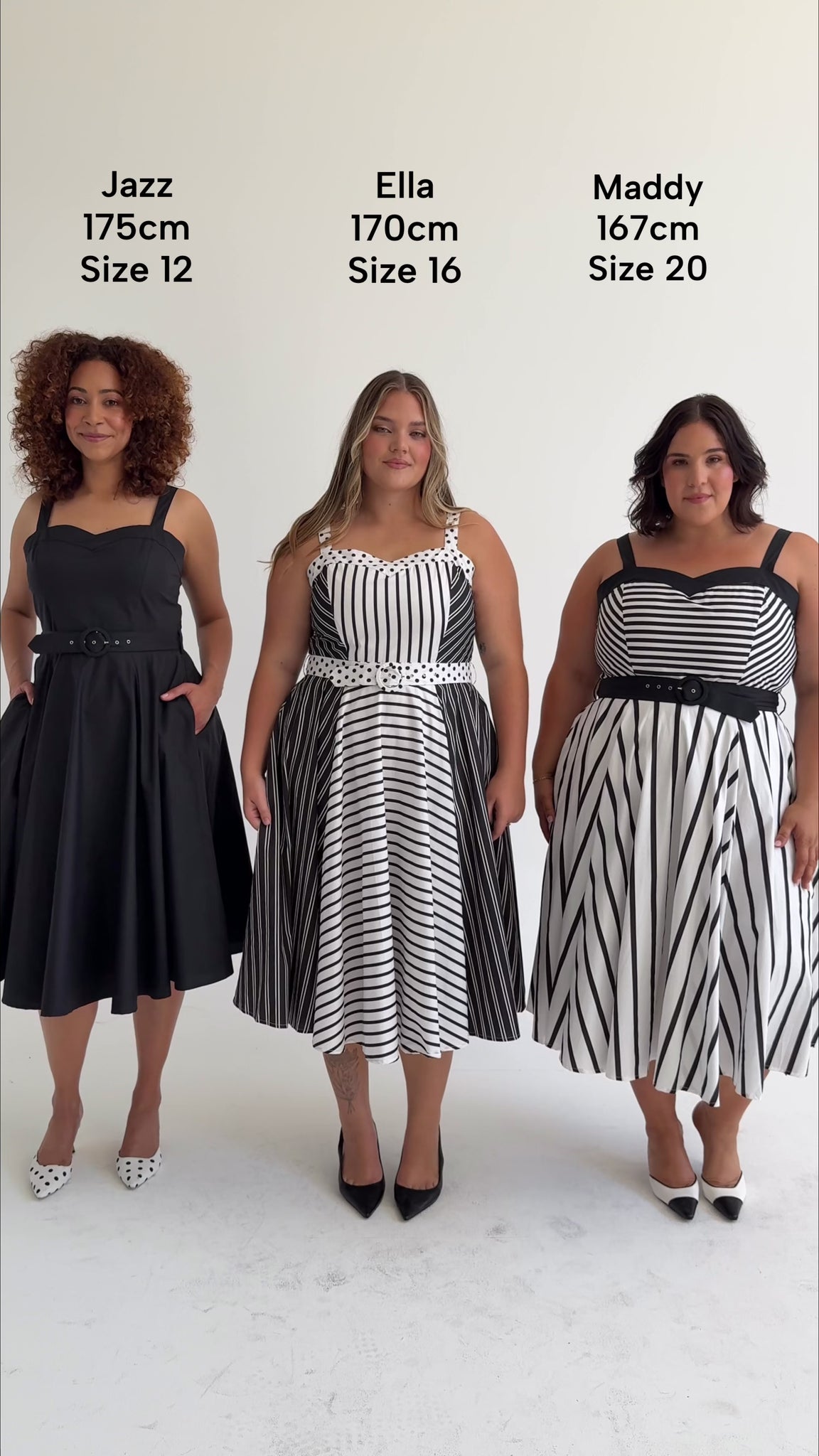 Size comparison of the Cherry Bobbins Rita Sweetheart Dresses in sizes 12, 16 and 20. Made from sustainable cotton. 