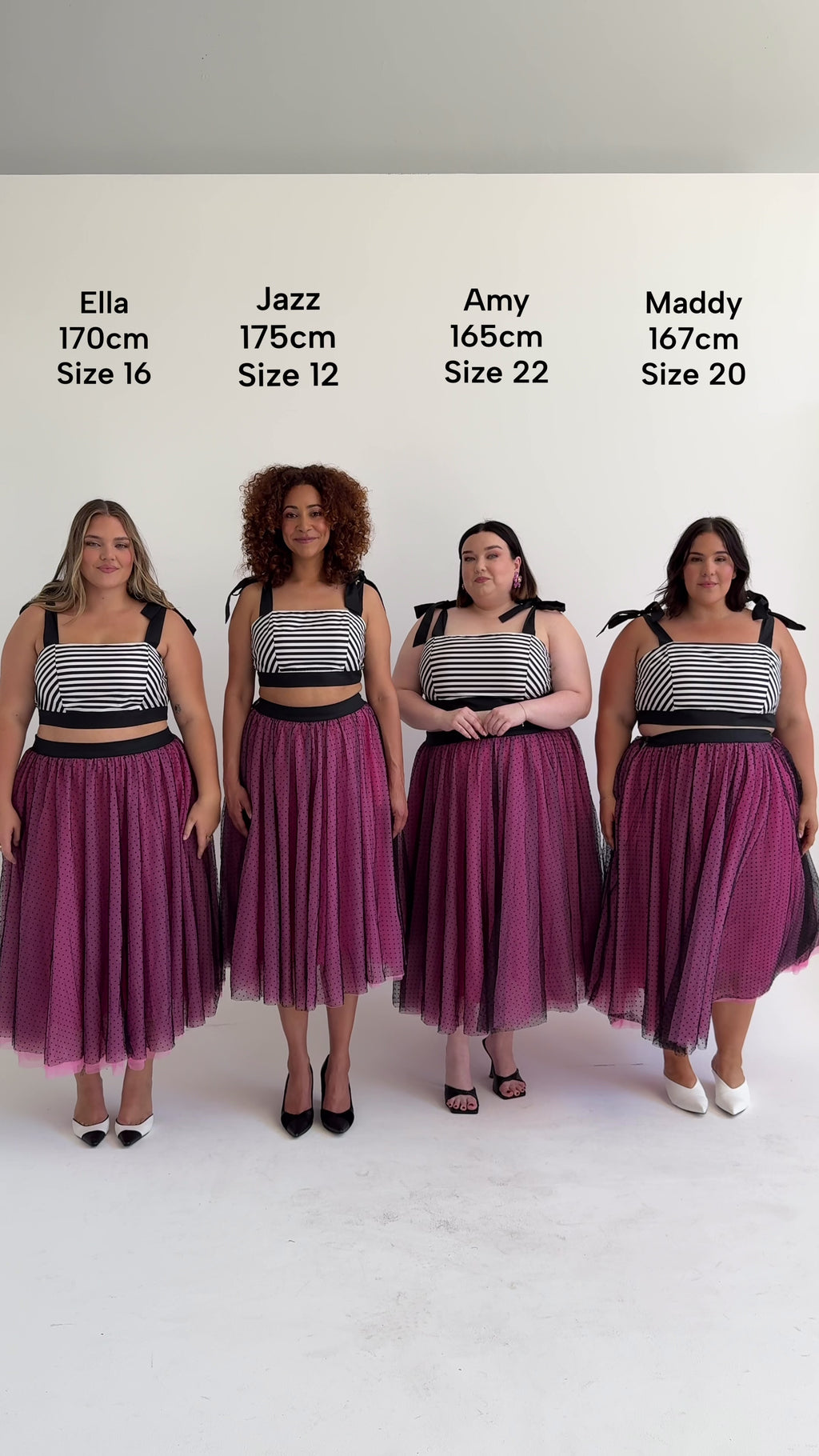 Size comparison of the Cherry Bobbins Brigitte Skirt and Bardot Top  in sizes 12, 16, 20 and 22. Made from sustainable cotton and tulle.
