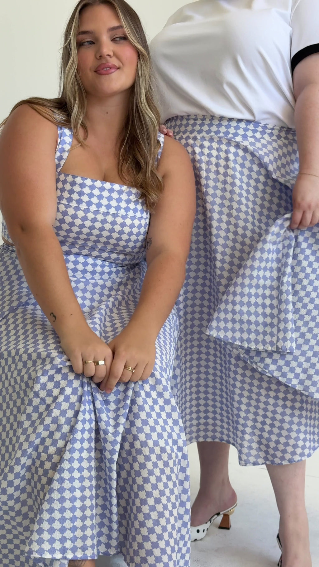 Style video of Cherry Bobbins Circle Skirt and Square Top in Periwinkle Purple. Made from cotton, shown on models in sizes 16 and 22.