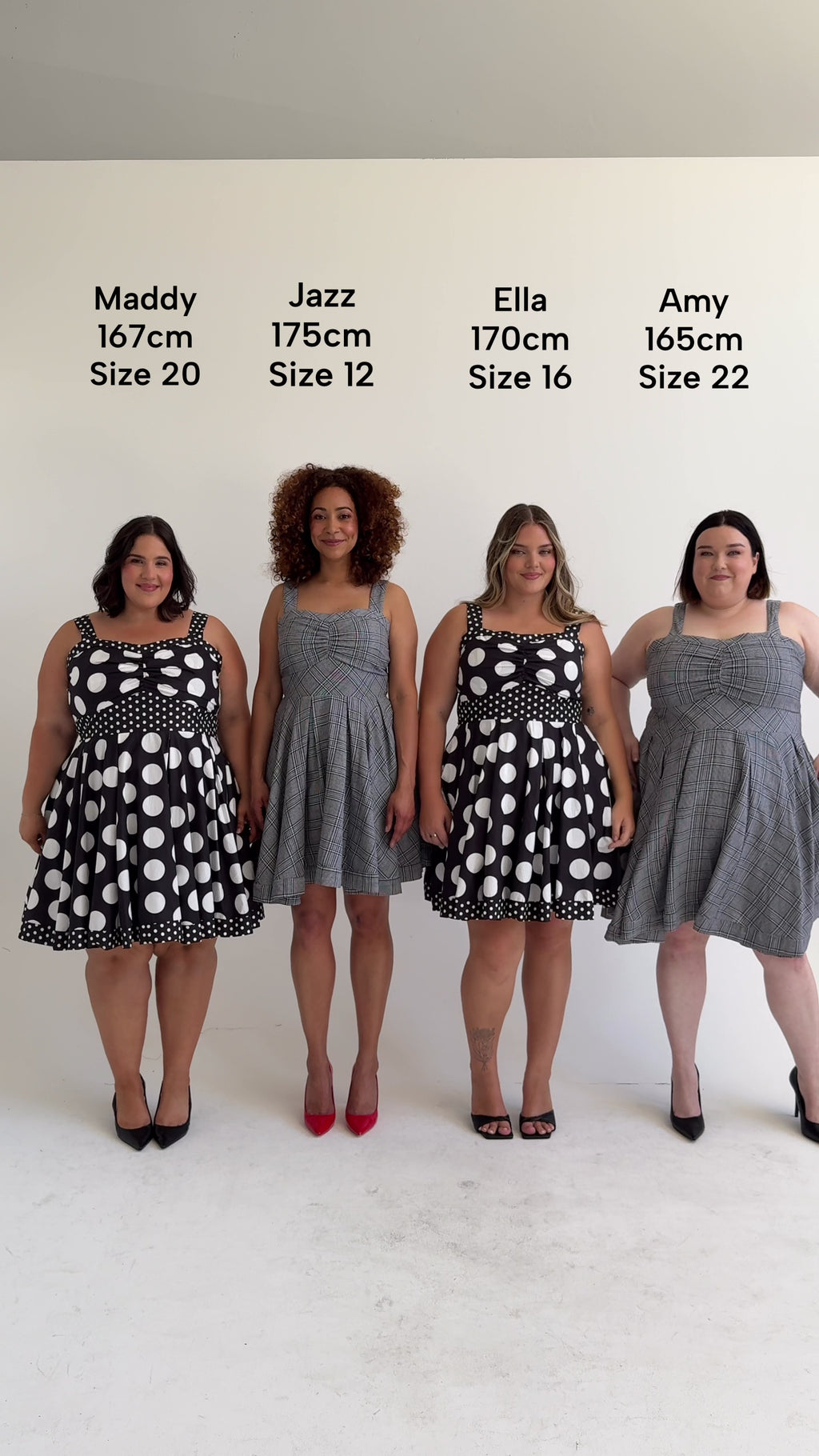 Size comparison of the Cherry Bobbins Sweetheart Dresses in sizes 12, 16, 20 and 22. Made from sustainable and natural cotton. 