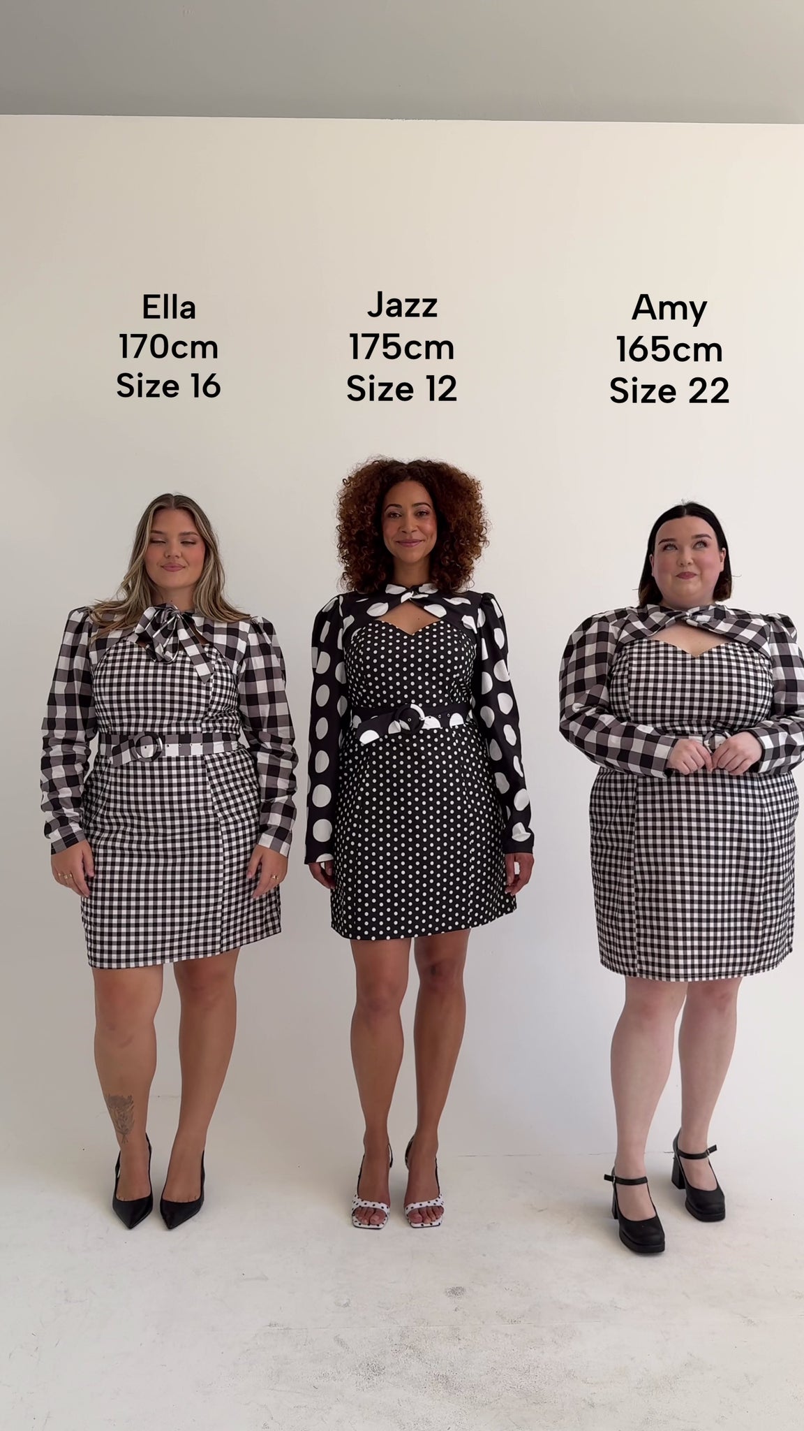 Size comparison of the Cherry Bobbins Gemini printed Dresses in sizes 12, 16 and 20. Made from sustainable cotton. 