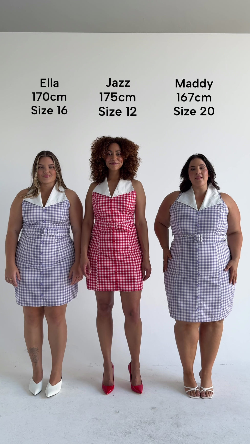Size comparison of the Cherry Bobbins Vintage Dresses in sizes 12, 16 and 20. Made from sustainable cotton. 