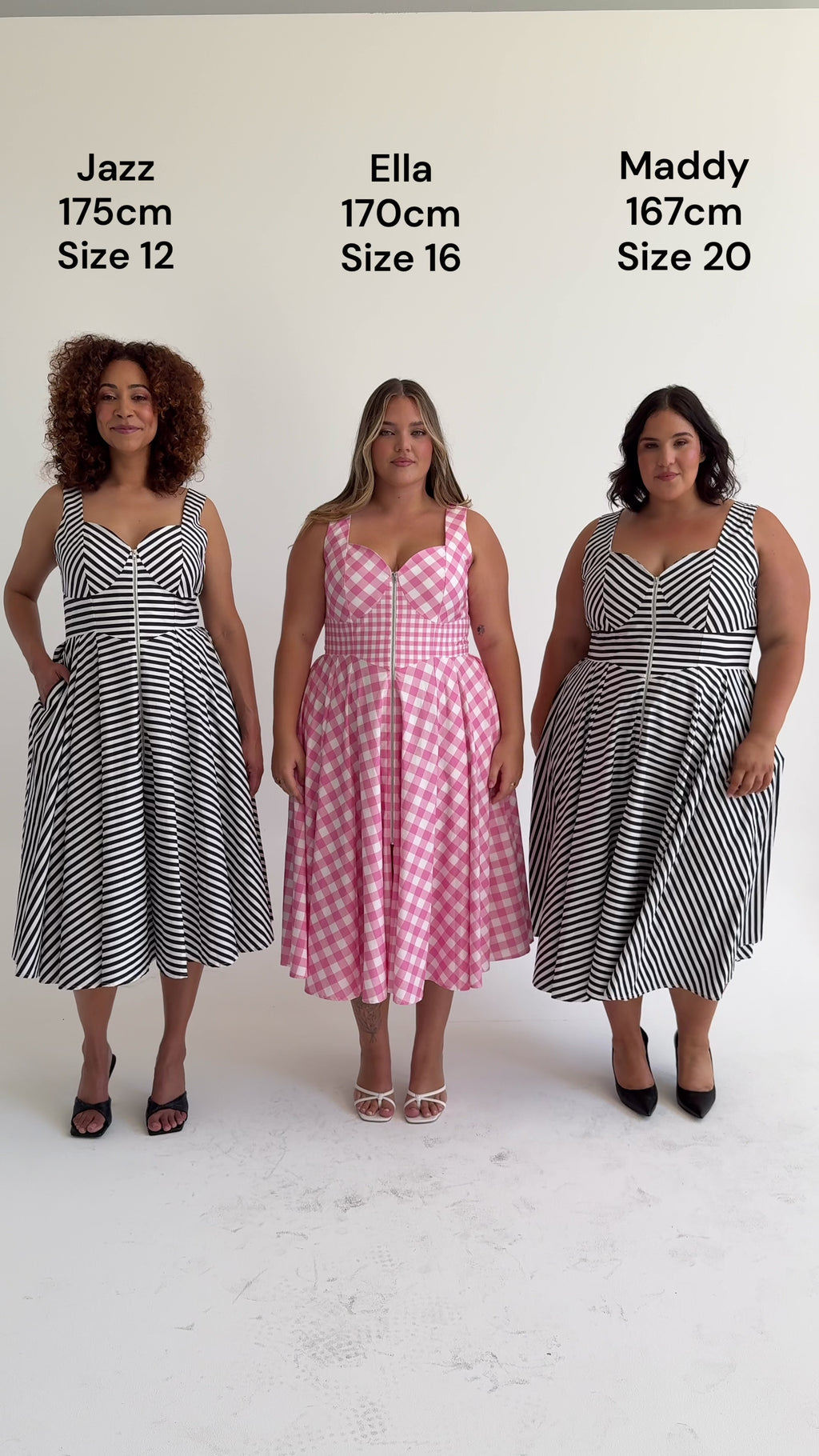 Size comparison of the Cherry Bobbins Taylor Dresses in sizes 12, 16 and 20. Made from sustainable cotton. 
