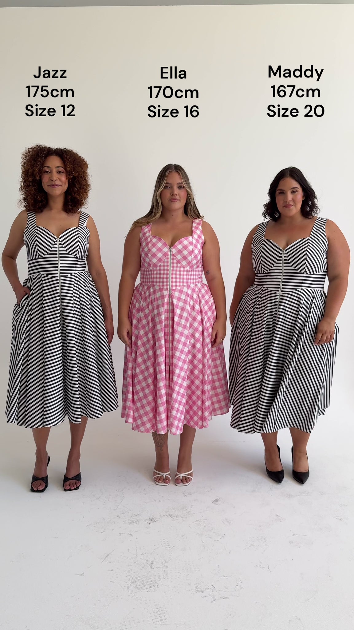 Size comparison of the Cherry Bobbins Taylor Dresses in sizes 12, 16 and 20. Made from sustainable cotton. 